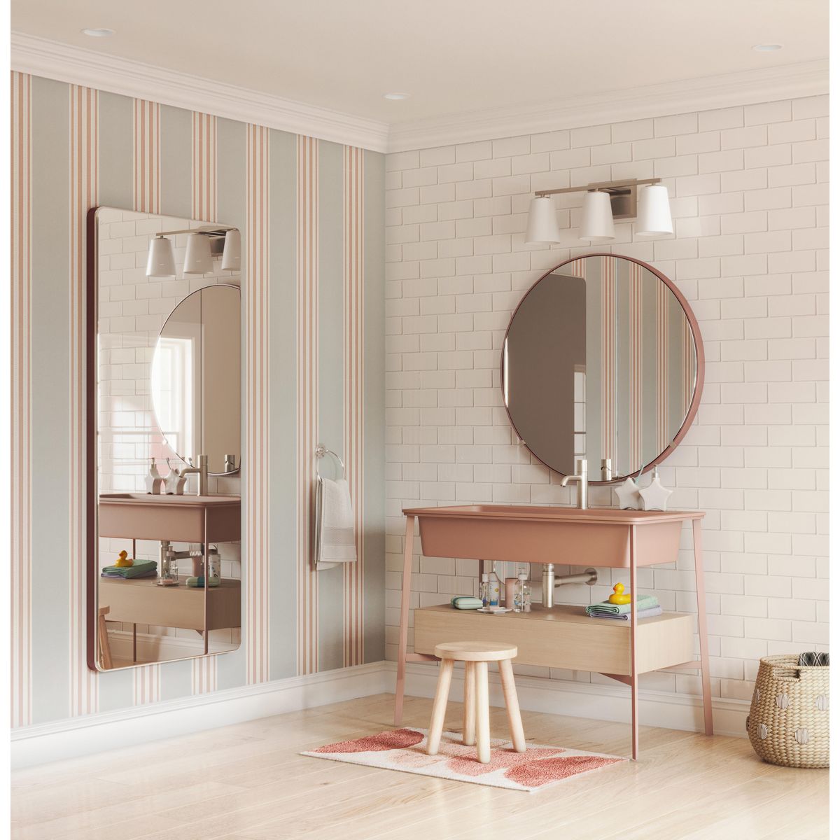 Progress Lighting P300463-009 Vertex 3 light brushed nickel bath vanity wall light in bathroom setting
