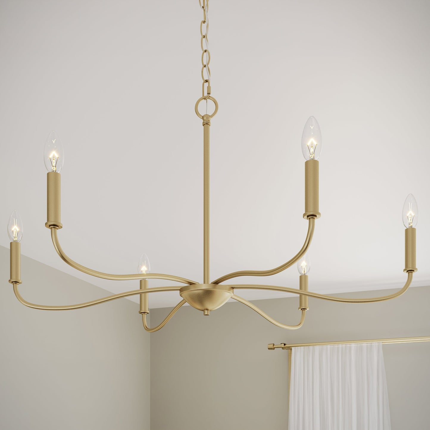 Progress Lighting P400463-191 Ilia 6 Light Brushed Gold Chandelier close-up detail in a bedroom setting
