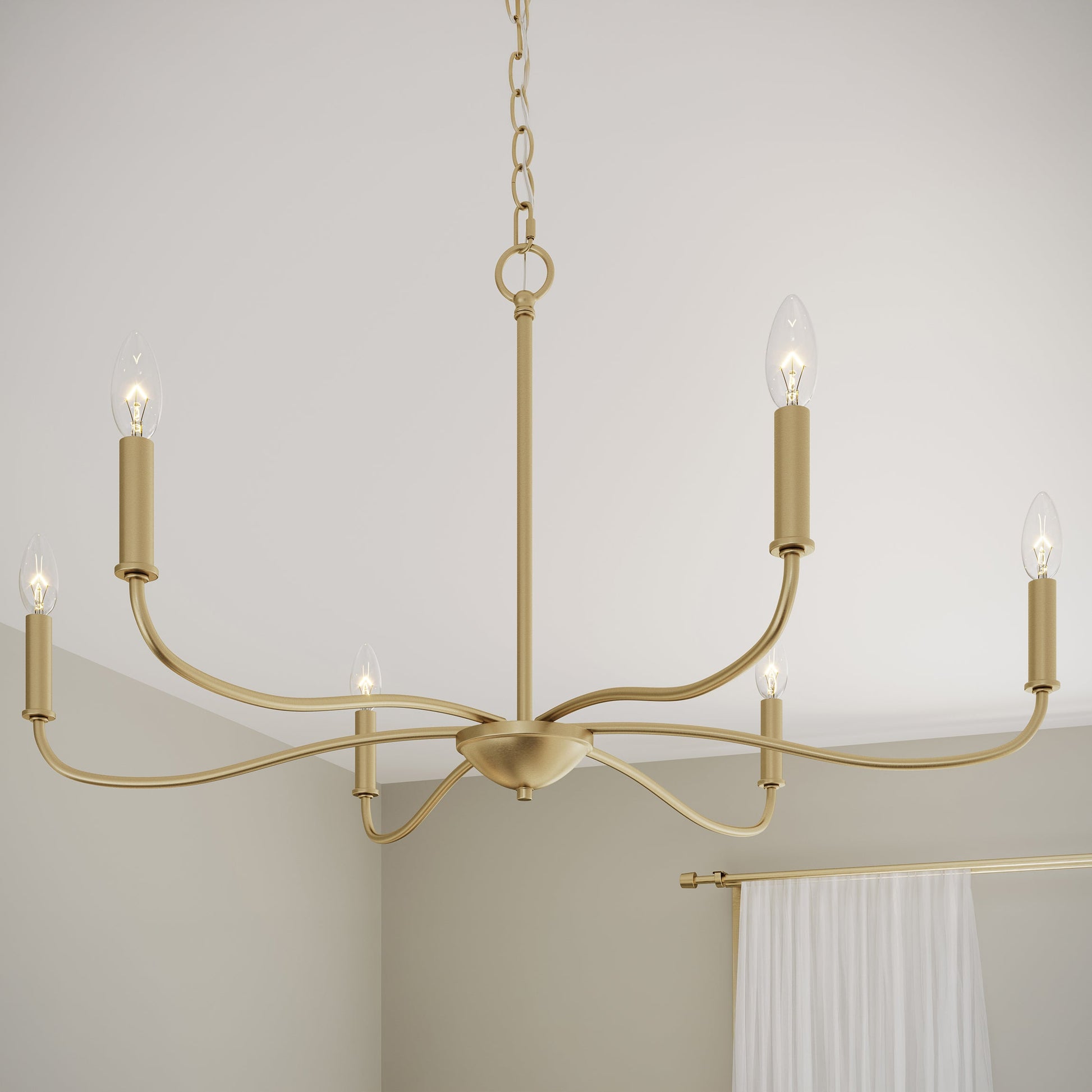 Progress Lighting P400463-191 Ilia 6 Light Brushed Gold Chandelier close-up detail in a bedroom setting