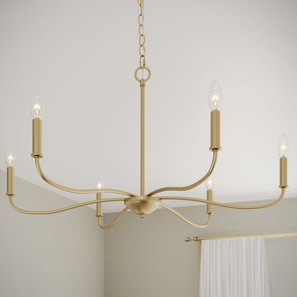 Progress Lighting P400463-191 Ilia 6 Light Brushed Gold Chandelier close-up detail in a bedroom setting