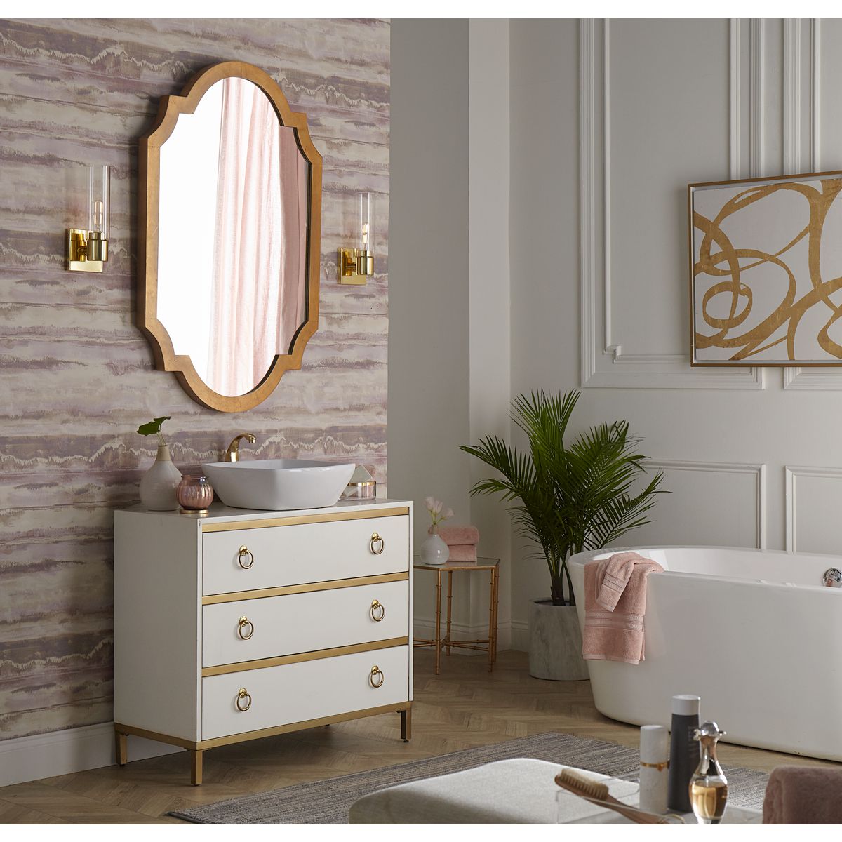 Progress Lighting P300299-012 Clarion Satin Brass Bath Vanity Wall Light shown installed in a bathroom setting