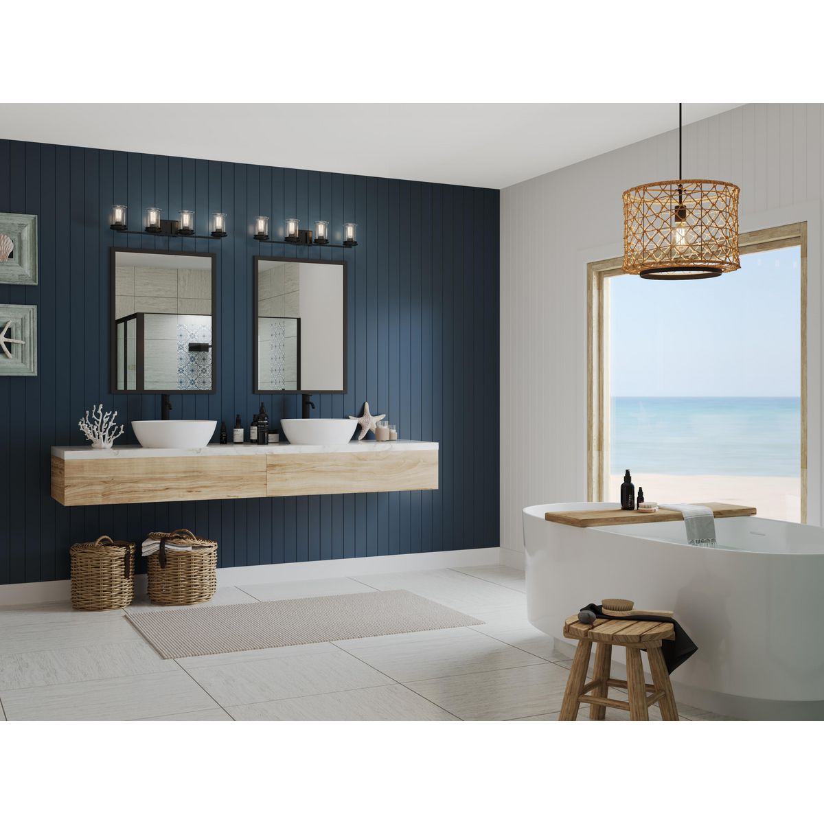 Progress Lighting P300275-031 Winslett 4 light matte black bath vanity wall light in bathroom setting