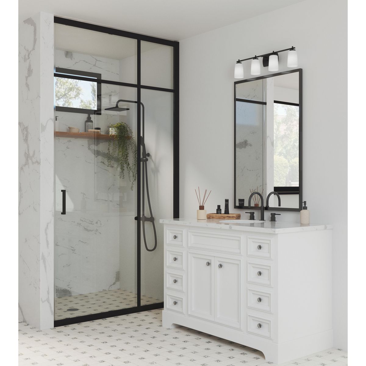 Progress Lighting Adley 4 light matte black bath vanity wall light installed in bathroom
