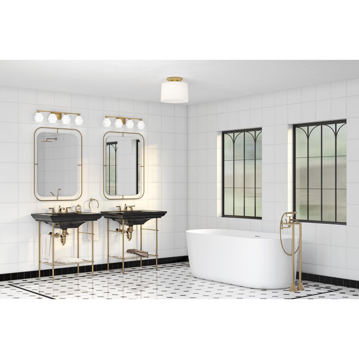 Progress Lighting Copeland 4 light brushed gold bath vanity wall lights in bathroom setting