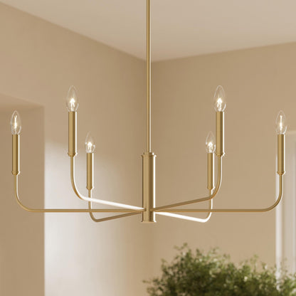 Progress Lighting P400448-191 Reines Brushed Gold Chandelier shown installed in a dining room