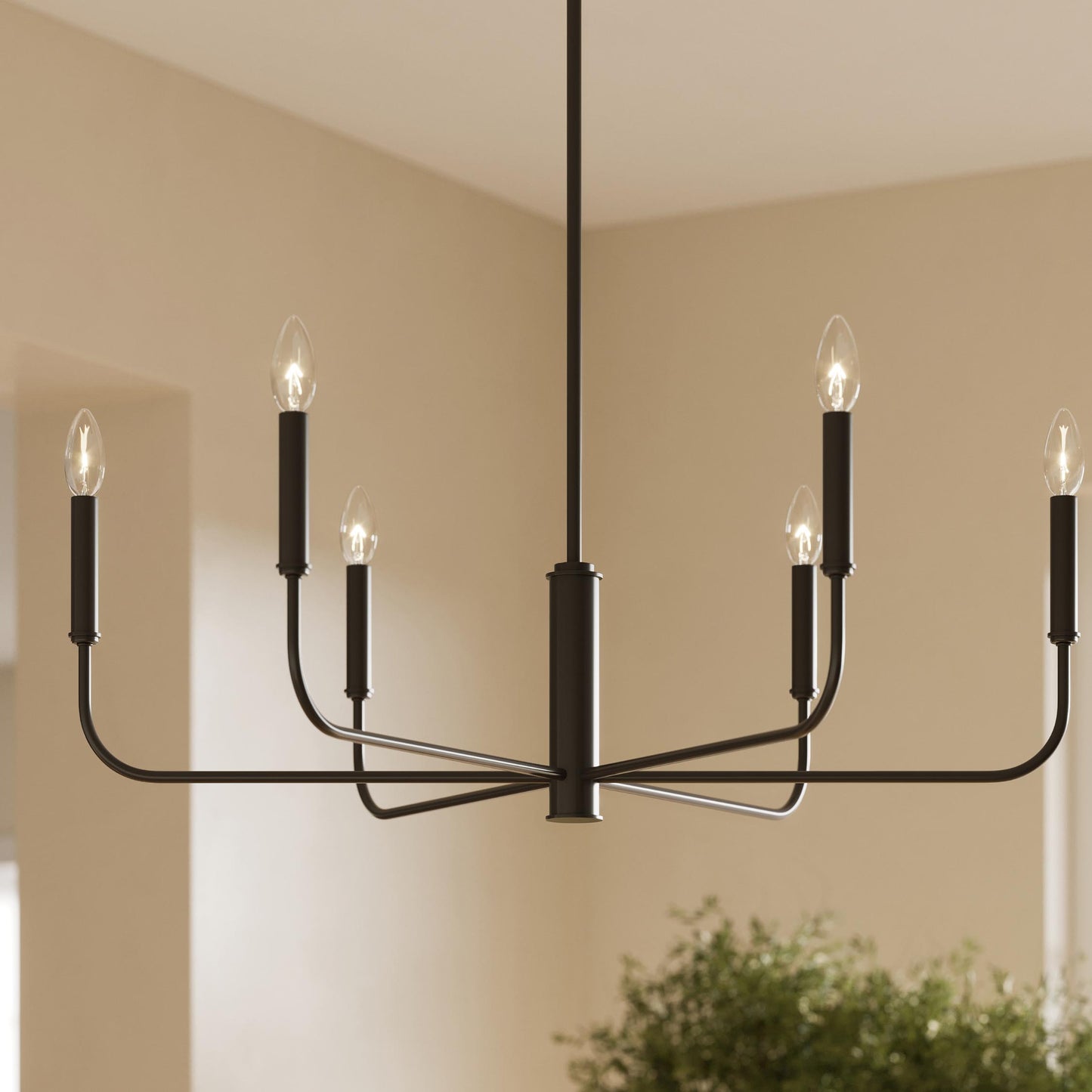 Progress Lighting P400448-31M Reines Matte Black Chandelier installed in dining room lifestyle shot