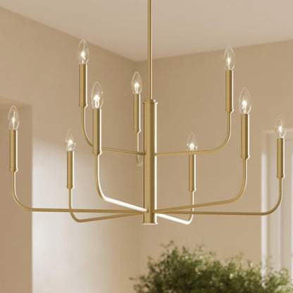 Progress Lighting P400449-191 Reines 9 Light Brushed Gold Chandelier Installed in Dining Room