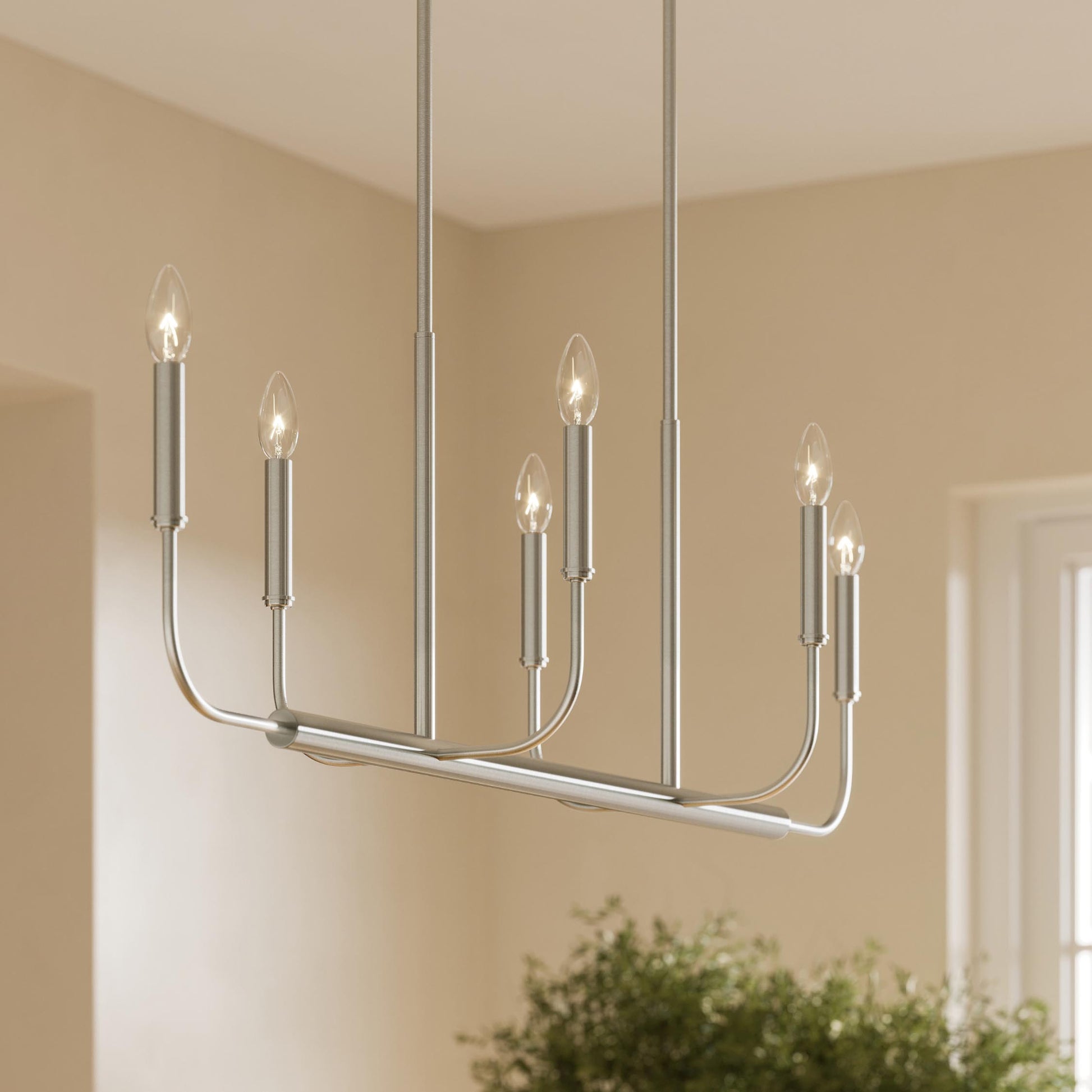 Progress Lighting P400450-009 Reines 6 Light Brushed Nickel Linear Chandelier - Dining Room Lifestyle Shot