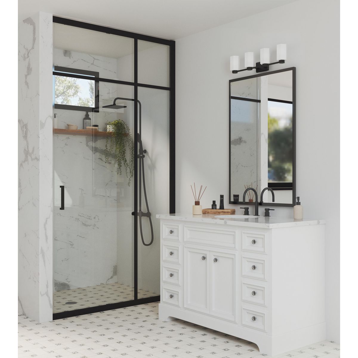 Progress Lighting Estrada 4 light matte black bath vanity wall light installed above bathroom mirror