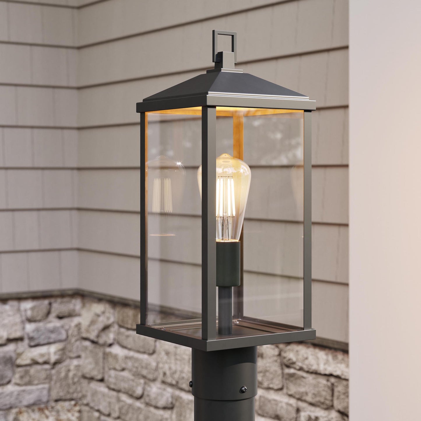 Progress Lighting P540114-31M Cantley 1 Light Matte Black Outdoor Post Lantern - Close-Up Detail Shot Illuminated