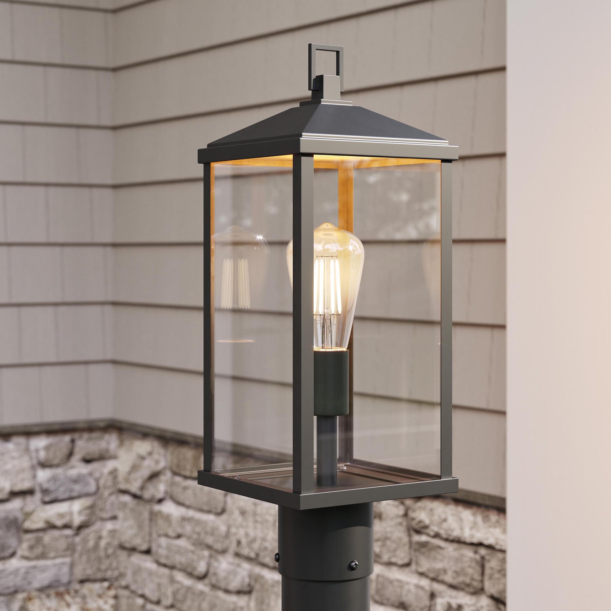 Progress Lighting P540114-31M Cantley 1 Light Matte Black Outdoor Post Lantern - Close-Up Detail Shot Illuminated
