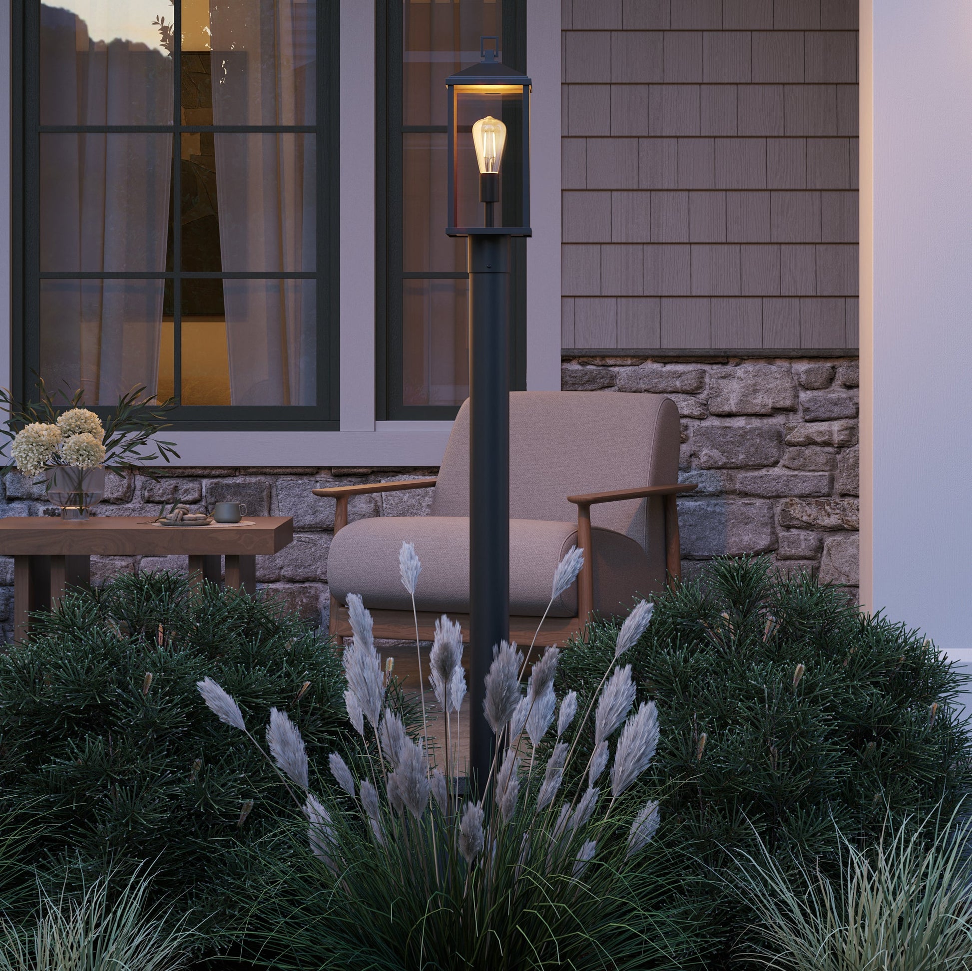 Progress Lighting P540114-31M Cantley Outdoor Post Lantern Matte Black - Nighttime Lifestyle Shot on Post in Garden