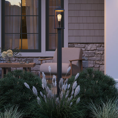 Progress Lighting P540114-31M Cantley Outdoor Post Lantern Matte Black - Nighttime Lifestyle Shot on Post in Garden