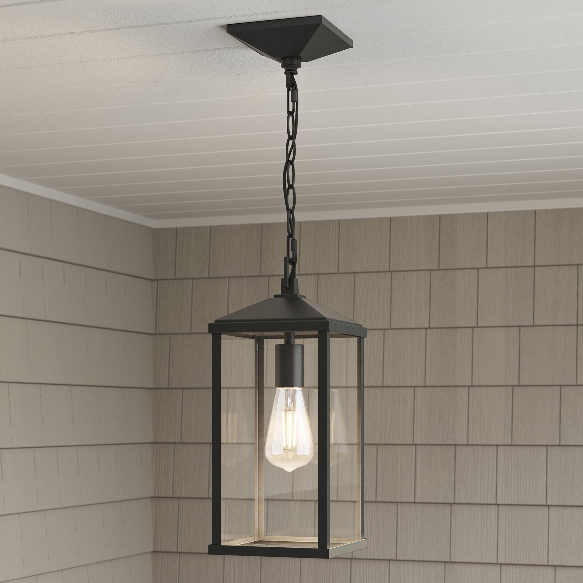 Progress Lighting Cantley P550147-31M Matte Black Outdoor Hanging Lantern Installed on Covered Porch Ceiling