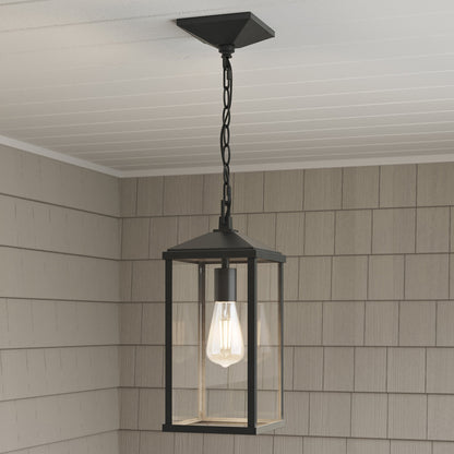 Progress Lighting Cantley P550147-31M Matte Black Outdoor Hanging Lantern Installed on Covered Porch Ceiling