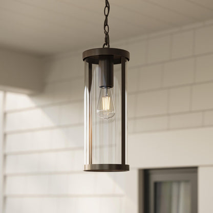 Progress Lighting P550145-020 Kagen Antique Bronze Outdoor Pendant Hanging Lantern installed on covered porch ceiling