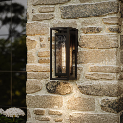 Progress Lighting P560410-020 Shaw Outdoor Wall Lantern installed on exterior stone wall - lifestyle shot