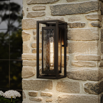 Progress Lighting Shaw P560411-020 Antique Bronze Outdoor Wall Lantern Installed on Stone Wall