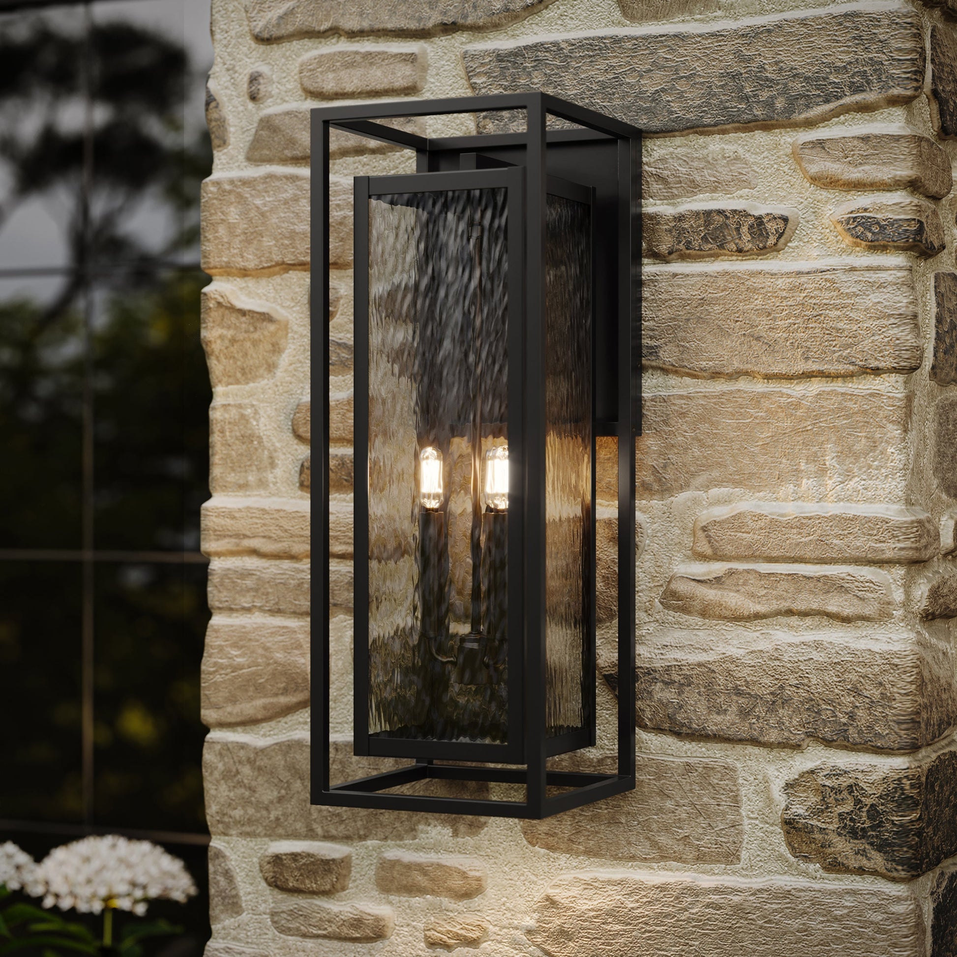 Progress Lighting P560412-031 Shaw Outdoor Wall Lantern Installed on Stone Wall - Lifestyle Shot