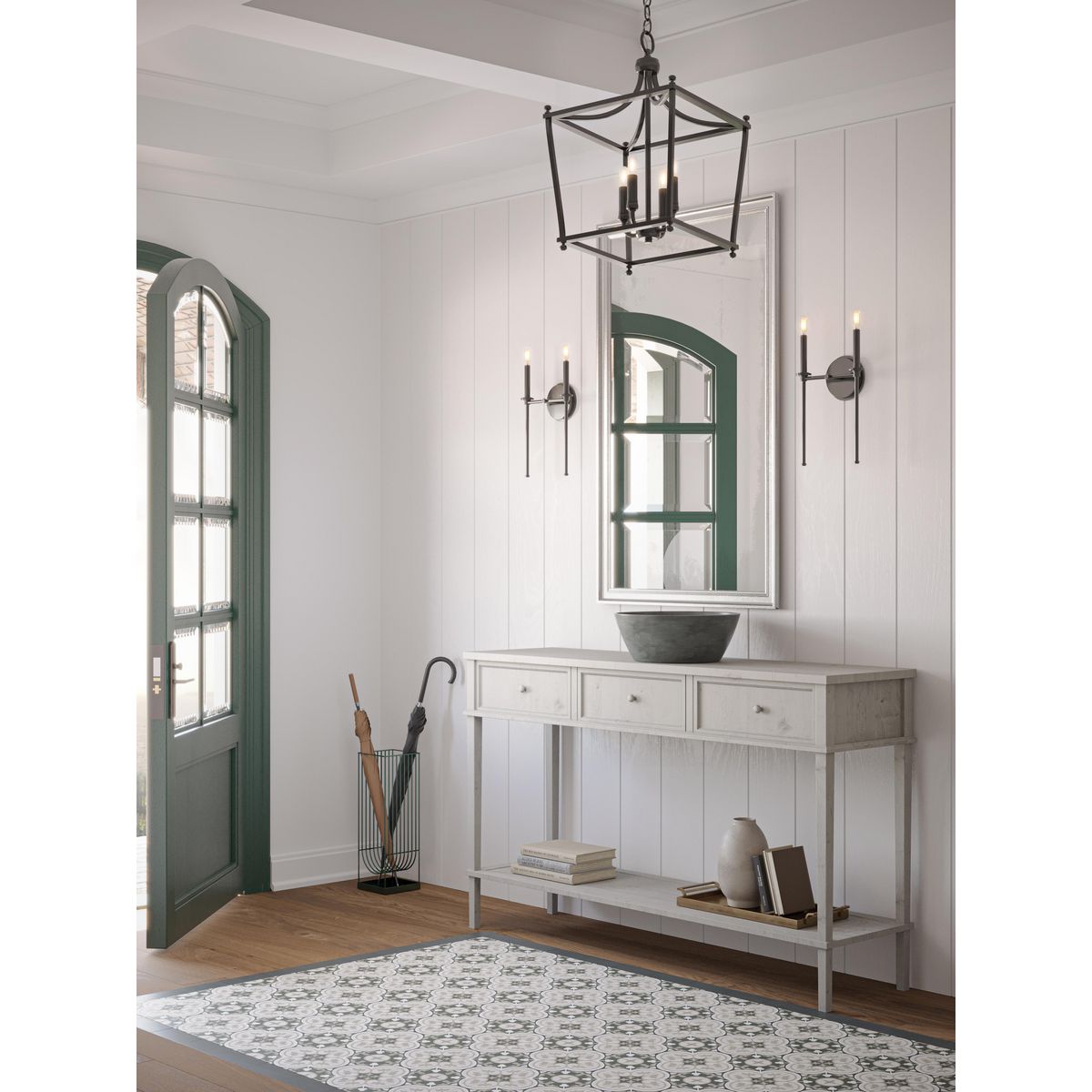 Progress Lighting P710107-31M Elara 2 Light Matte Black Wall Bracket in a Farmhouse Entryway Lifestyle Setting