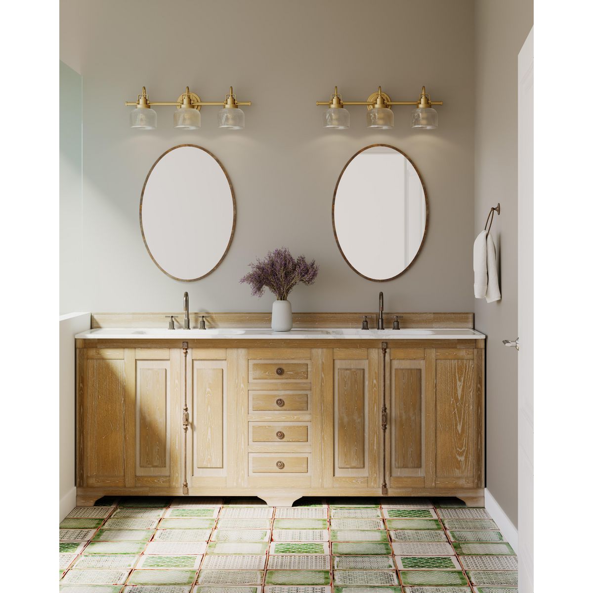 Archie 3 light vintage brass bath vanity wall light in bathroom setting