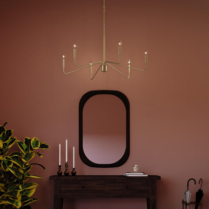 Progress Lighting P400472-191 Pilar Brushed Gold Chandelier Installed in Foyer - Night View