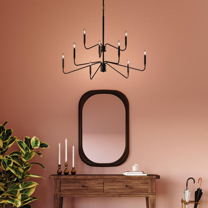 Progress Lighting P400474-31M Pilar Matte Black Chandelier Lifestyle Shot in Foyer