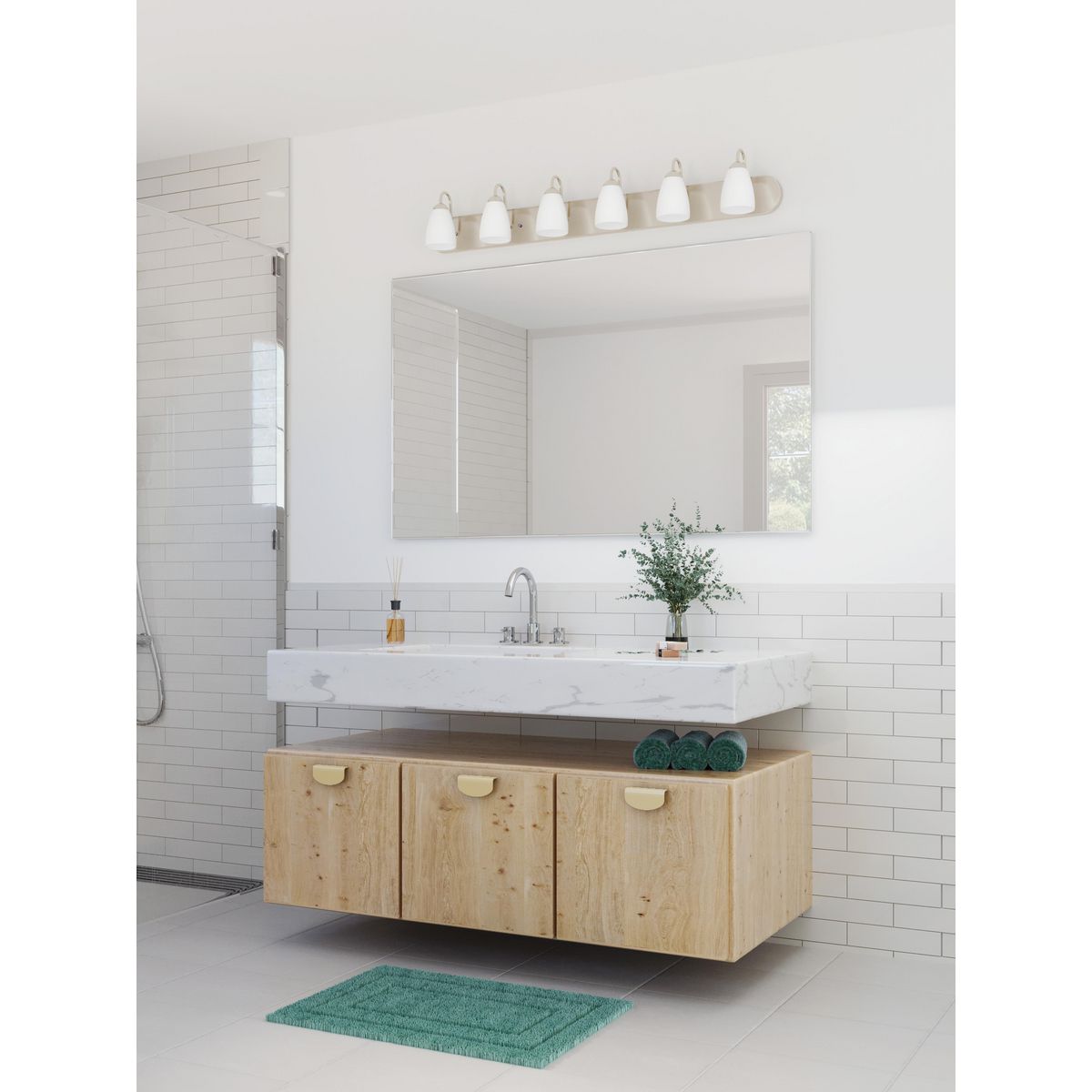 Progress Lighting Gather six light brushed nickel bath vanity wall light in bathroom setting