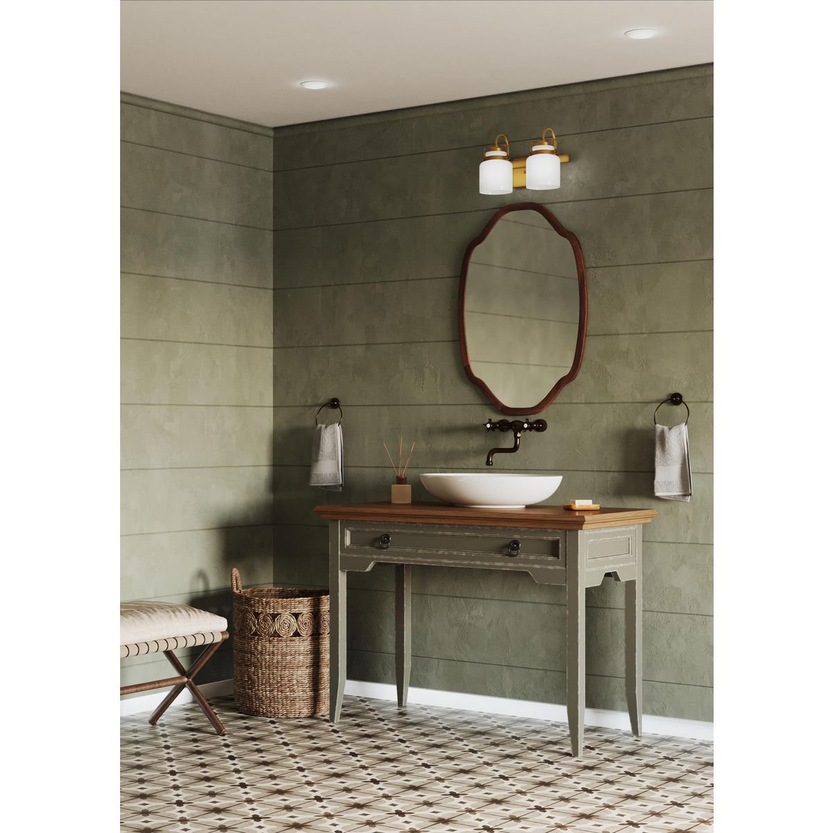 Progress Lighting Fessler 2 light vintage brass bath vanity wall light installed above bathroom mirror