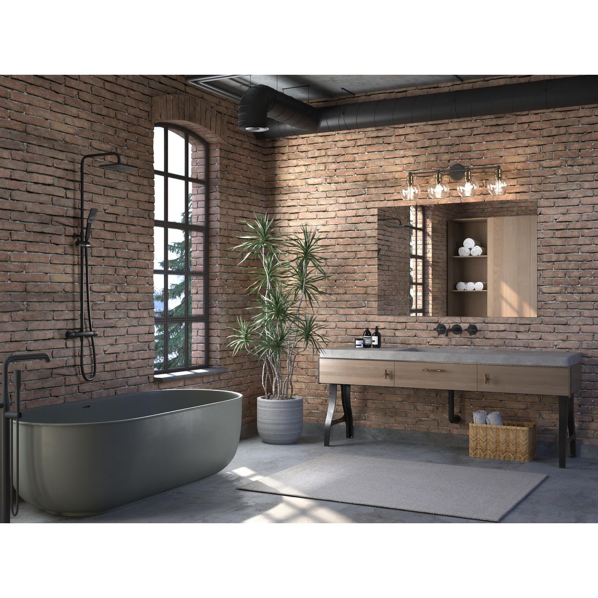 Progress Lighting P300052-020 Hansford 4 Light Antique Bronze Bath Vanity Wall Light in Industrial Bathroom Setting