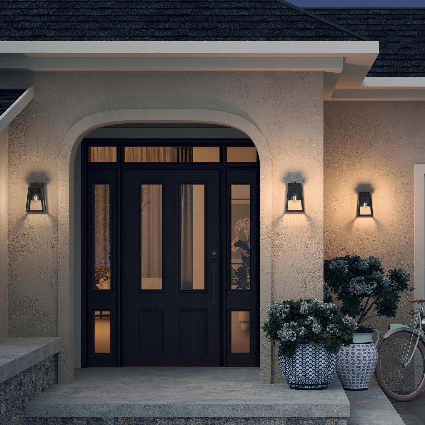 Progress Lighting P560401-31M Hedry Matte Black Outdoor Wall Lantern - Nighttime Lifestyle on Home Exterior Entryway