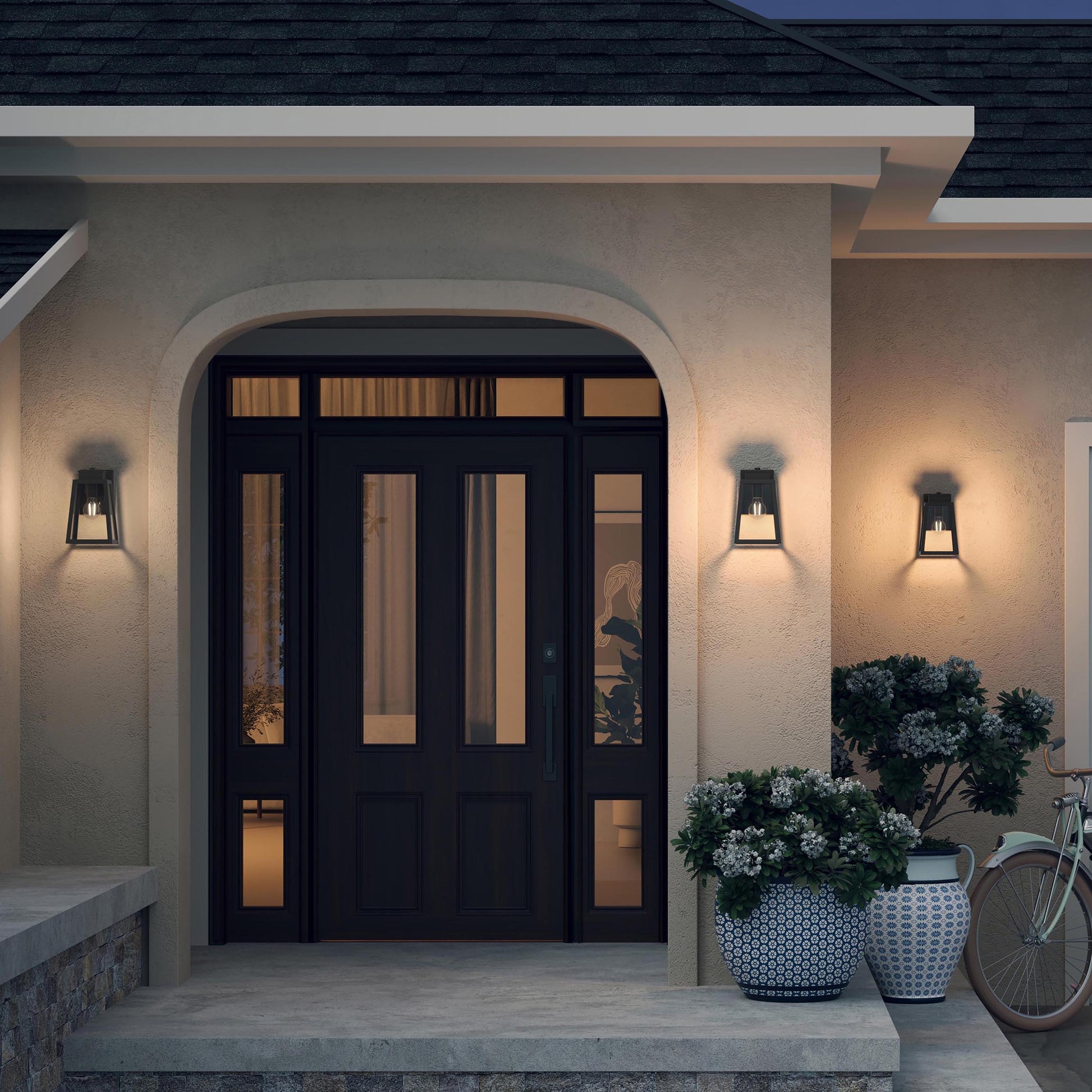 Progress Lighting P560401-31M Hedry Matte Black Outdoor Wall Lantern - Nighttime Lifestyle on Home Exterior Entryway