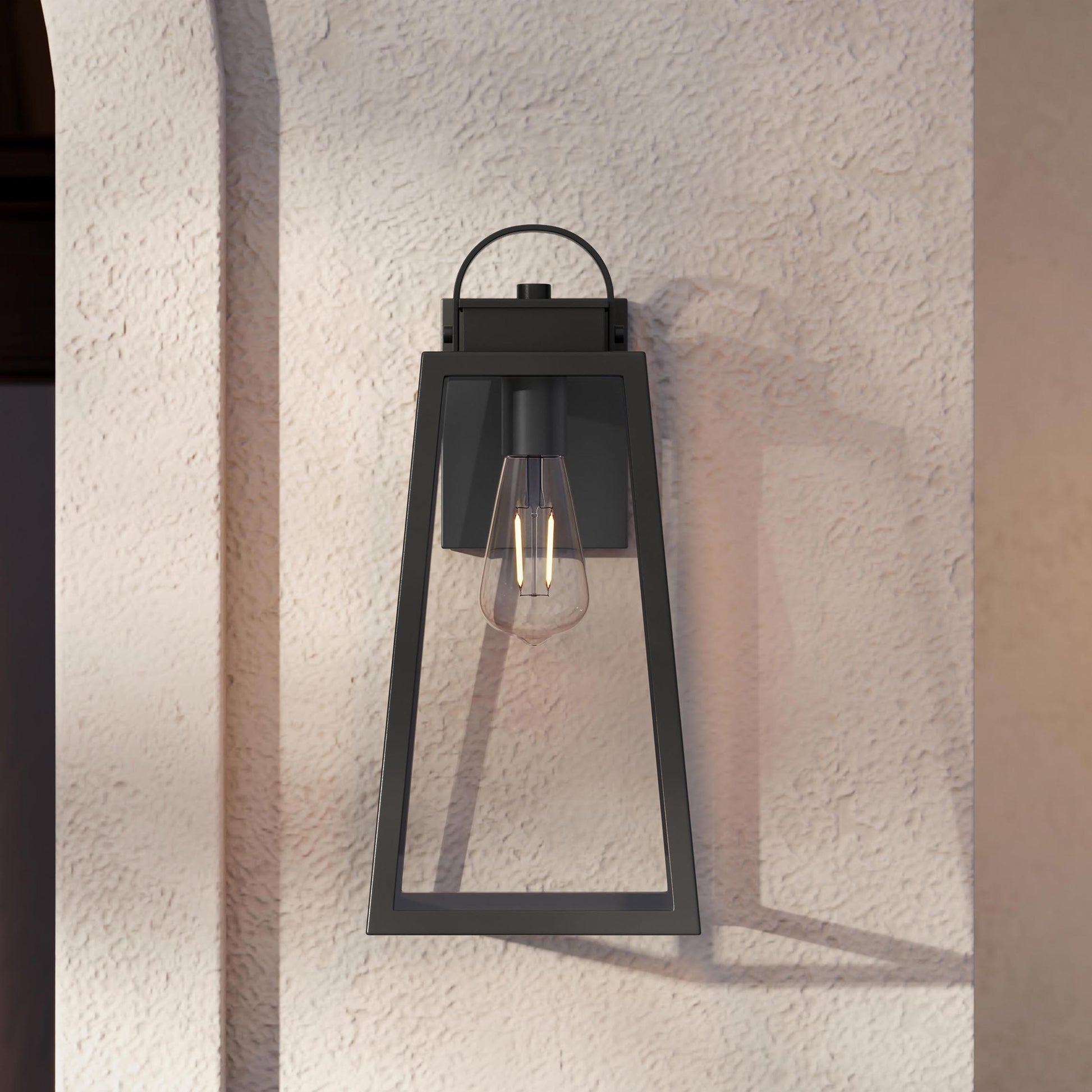Progress Lighting P560403-31M Hedry Outdoor Wall Lantern close-up detail installed on exterior wall
