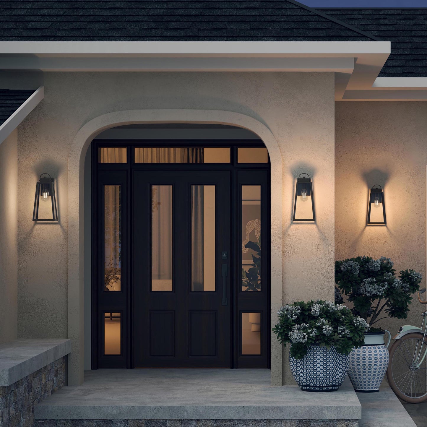 Progress Lighting P560403-31M Hedry Outdoor Wall Lantern installed on home exterior - Nighttime Application Shot