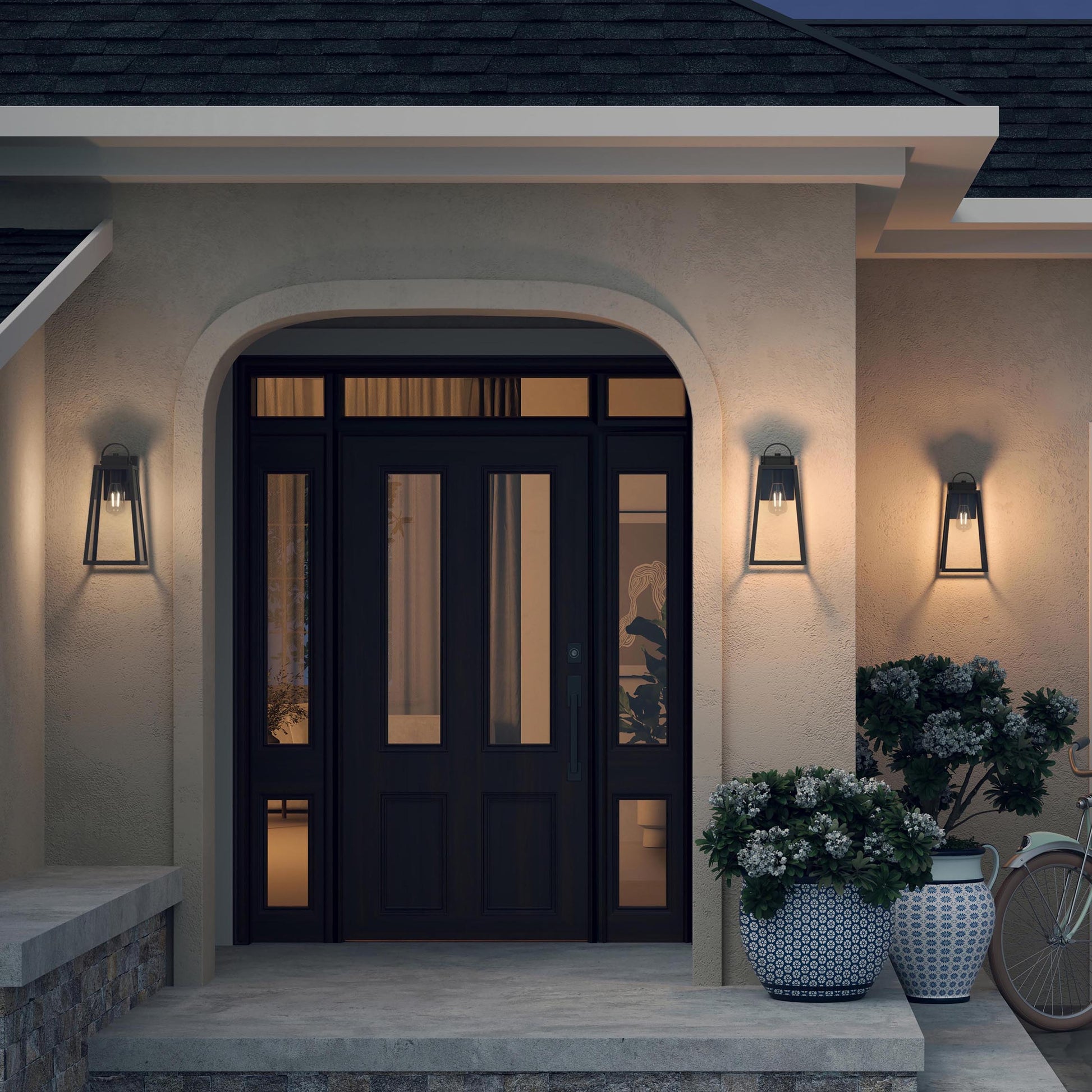 Progress Lighting P560403-31M Hedry Outdoor Wall Lantern installed on home exterior - Nighttime Application Shot