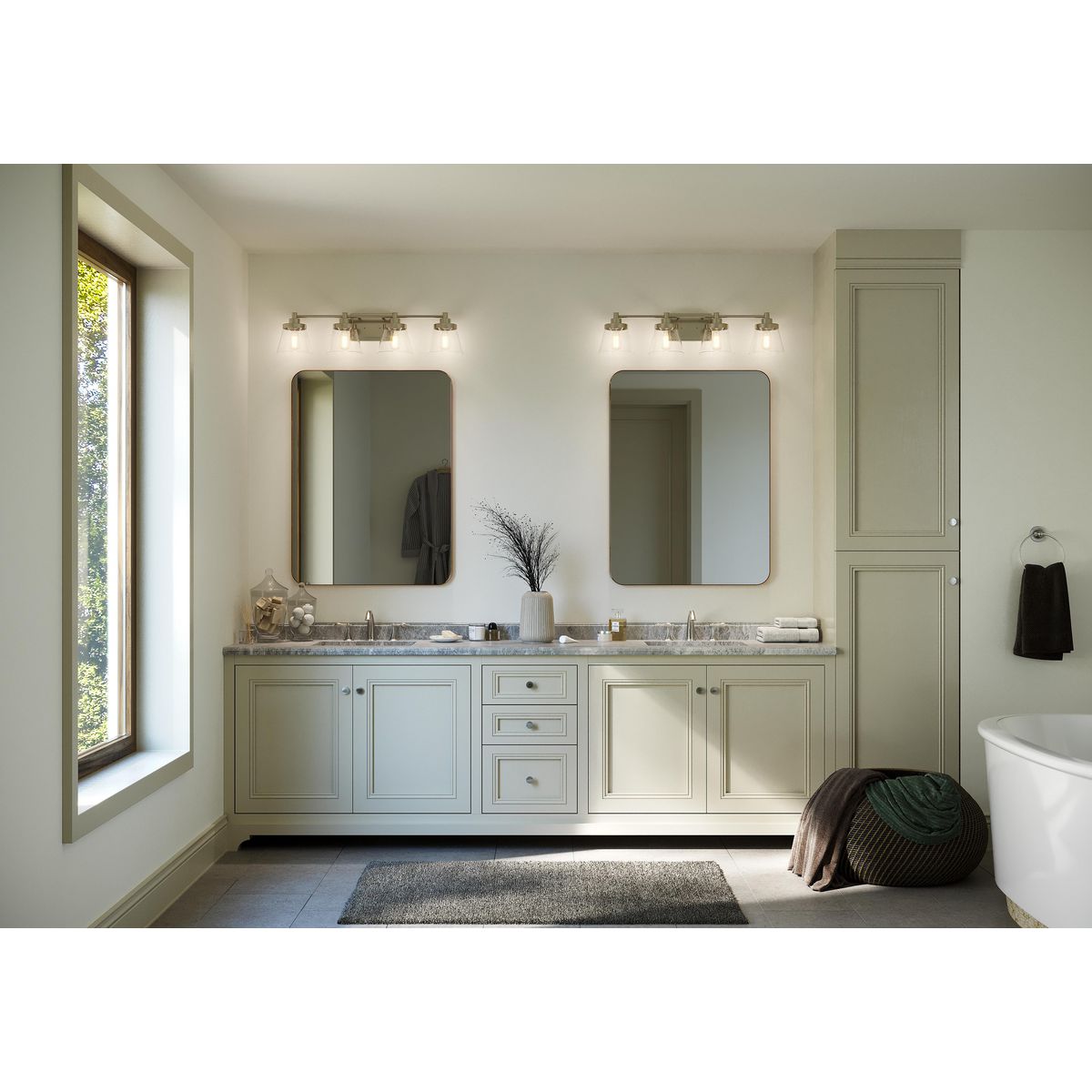 Progress Lighting Hinton 4 light brushed nickel bath vanity wall light in bathroom setting