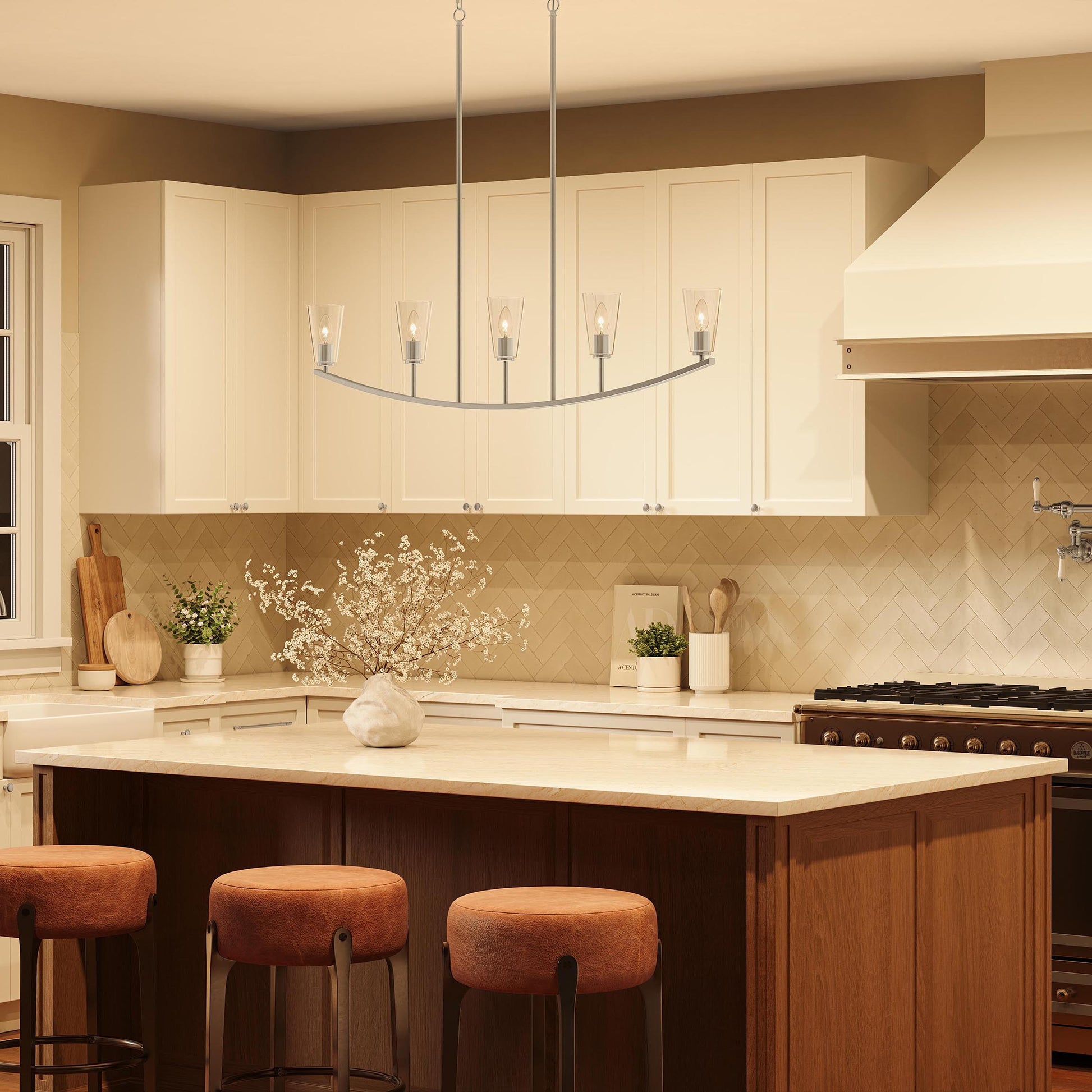 Progress Lighting P400456-009 Jheni Brushed Nickel Linear Chandelier - Kitchen Lifestyle Night View