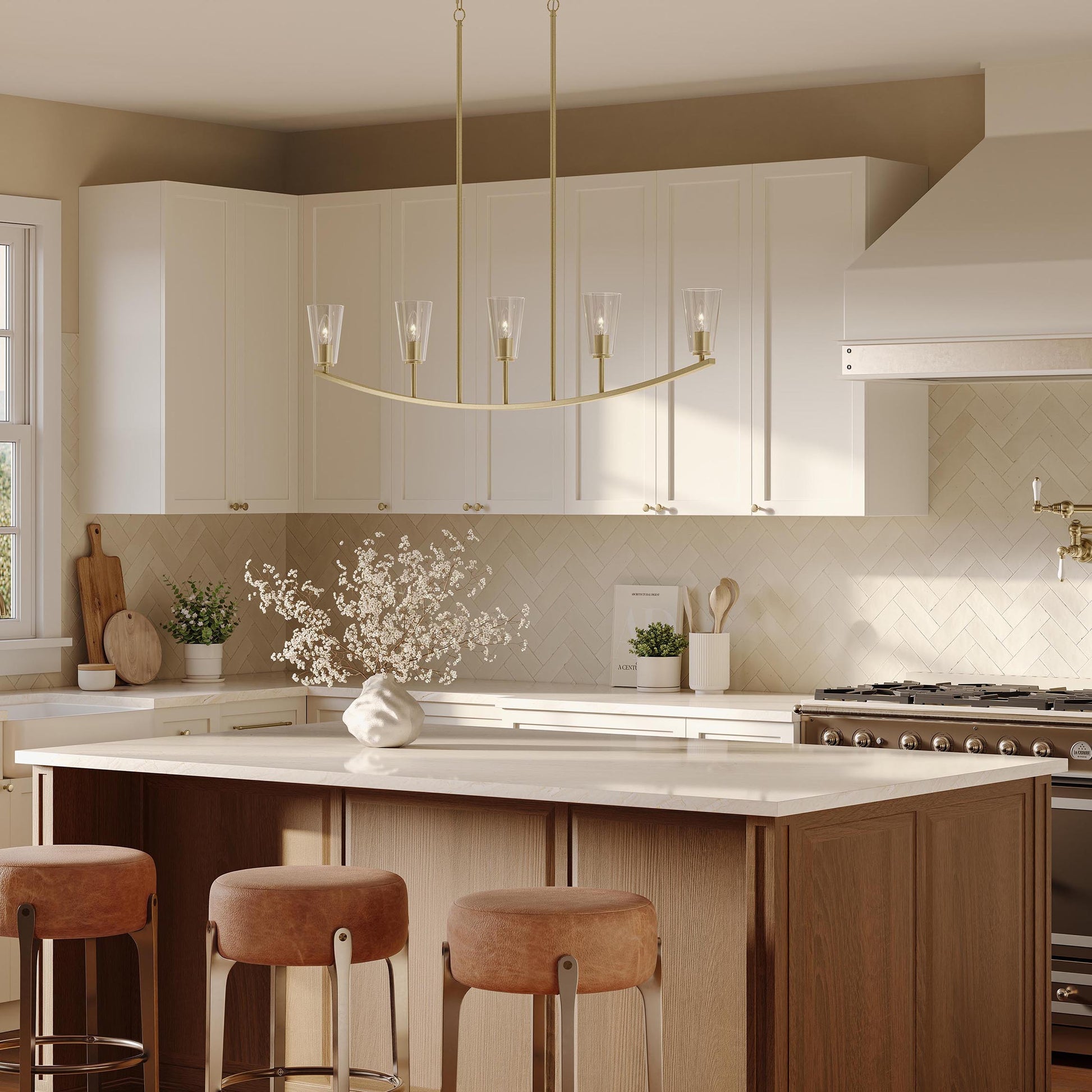 Progress Lighting P400456-191 Jheni Brushed Gold Linear Chandelier - Kitchen Lifestyle Day View
