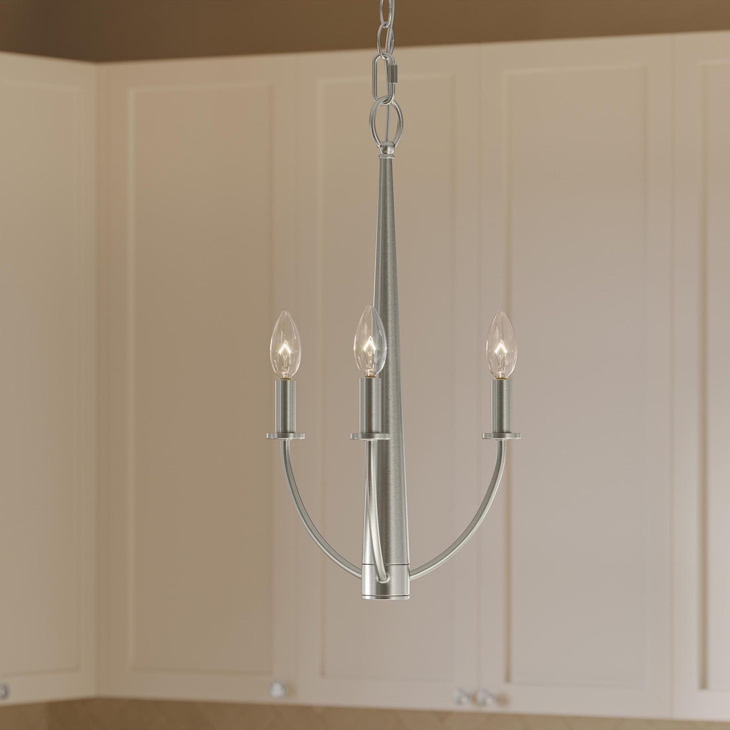 Progress Lighting P400457-009 Jheni Brushed Nickel Chandelier installed in kitchen lifestyle setting