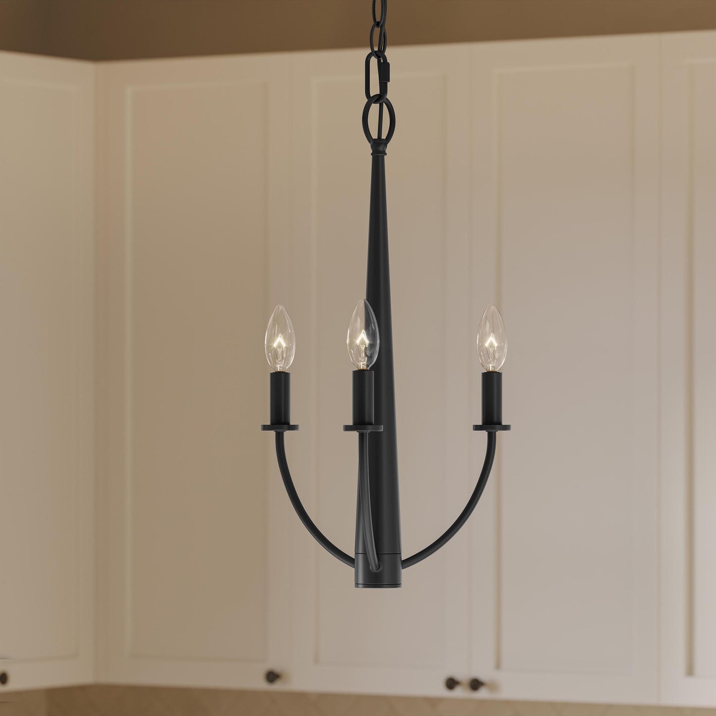 Progress Lighting P400457-31M Jheni Matte Black Chandelier installed in a kitchen lifestyle setting