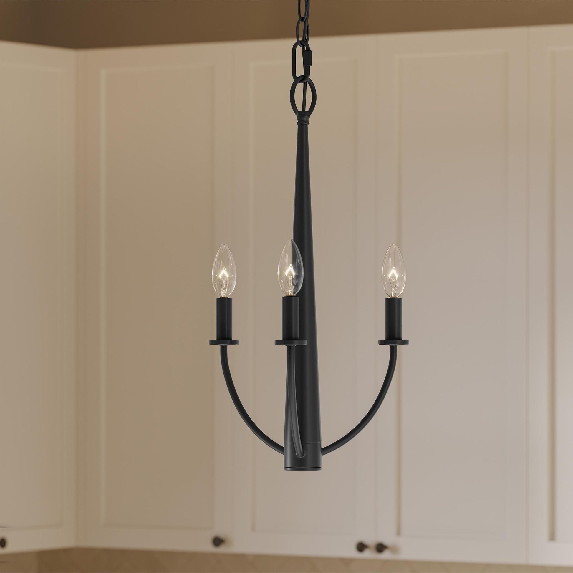 Progress Lighting P400457-31M Jheni Matte Black Chandelier installed in a kitchen lifestyle setting