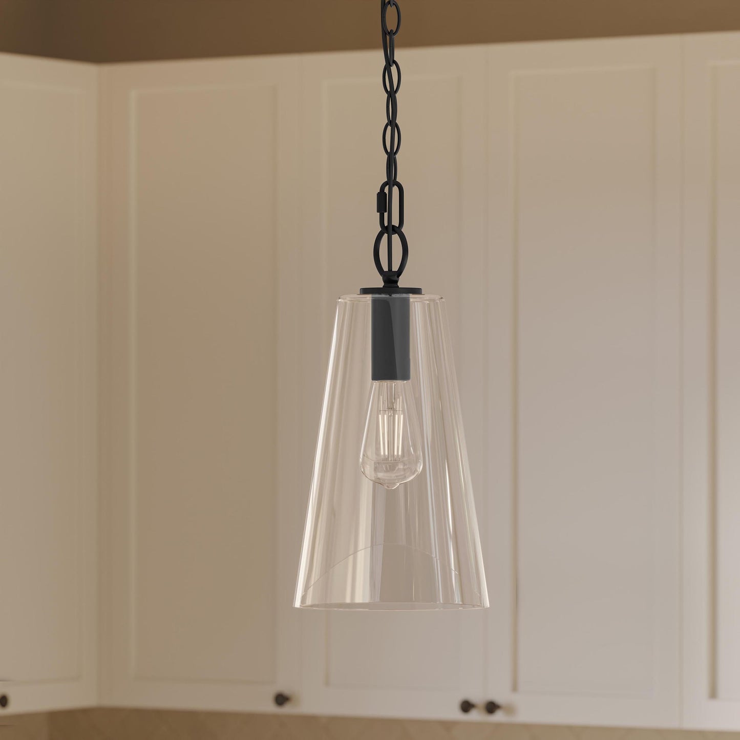 Progress Lighting Jheni Matte Black Pendant Installed in Kitchen Setting