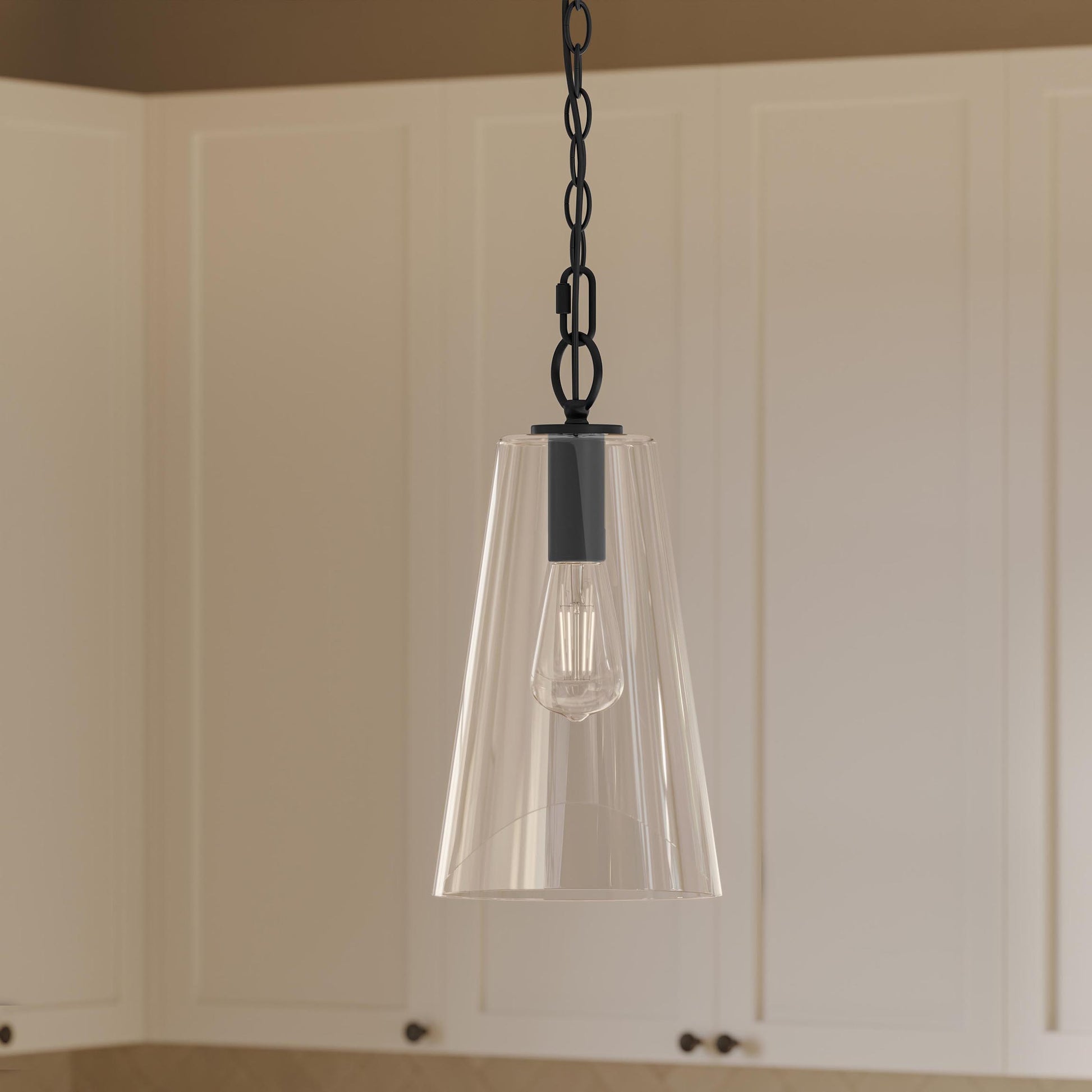 Progress Lighting Jheni Matte Black Pendant Installed in Kitchen Setting