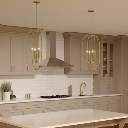 Progress Lighting P500510-191 Reines Brushed Gold Foyer Pendant shown in a kitchen setting at night