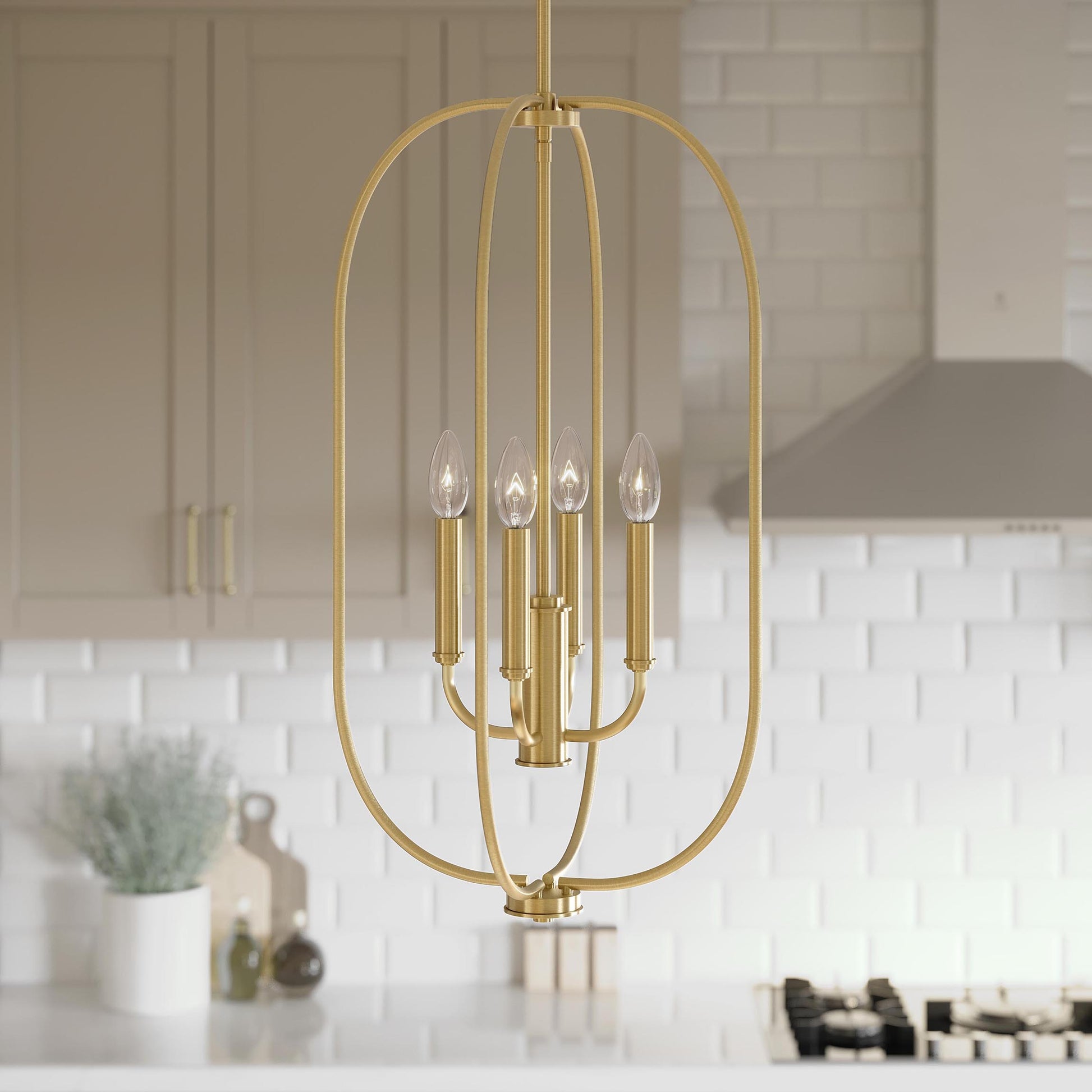 Progress Lighting P500510-191 Reines Brushed Gold Foyer Pendant close-up detail in kitchen
