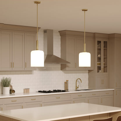 Progress Lighting P500516-191 Reines Brushed Gold Pendant Lights in Kitchen Setting - Nighttime