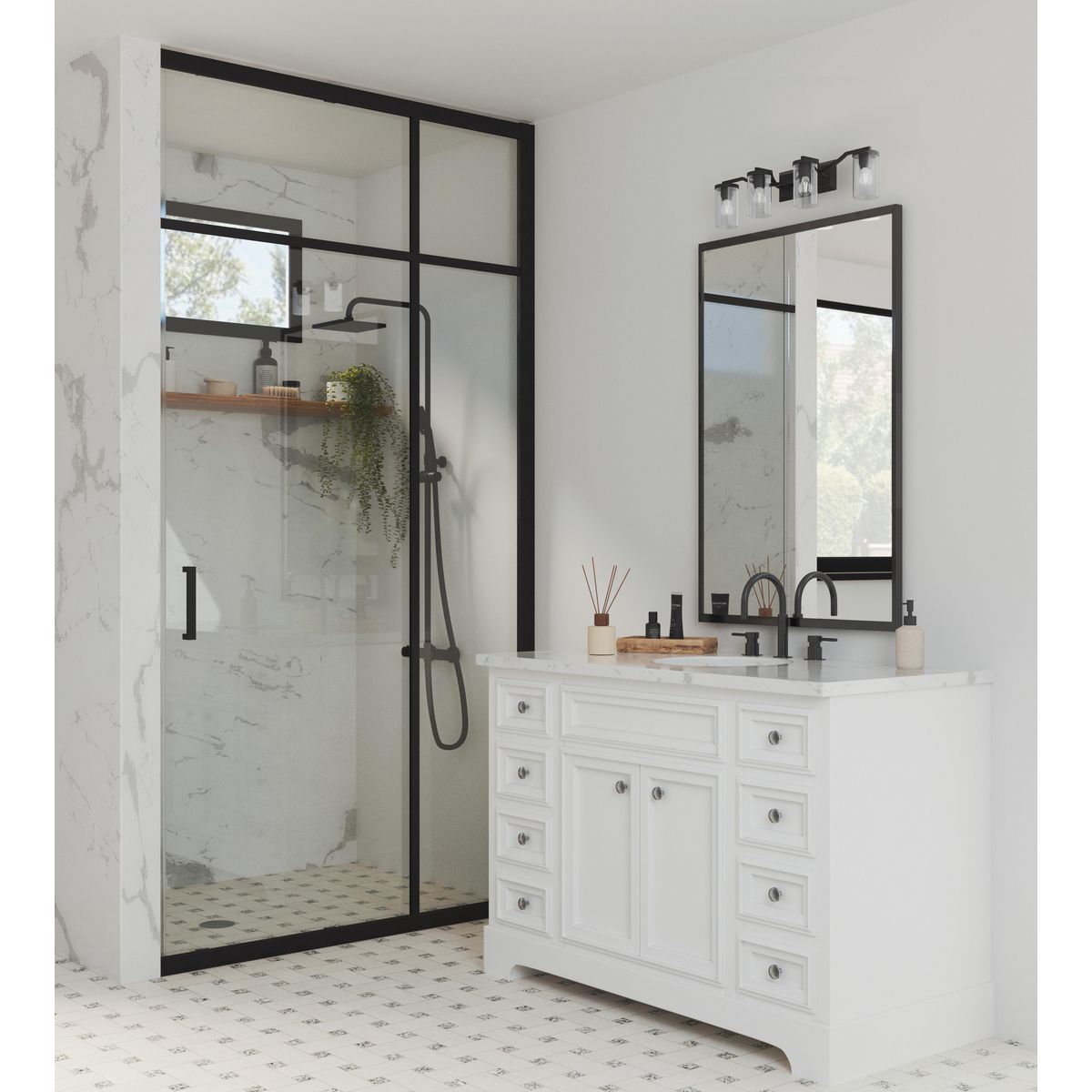Progress Lighting Lassiter 4 light matte black bath vanity wall light in bathroom setting