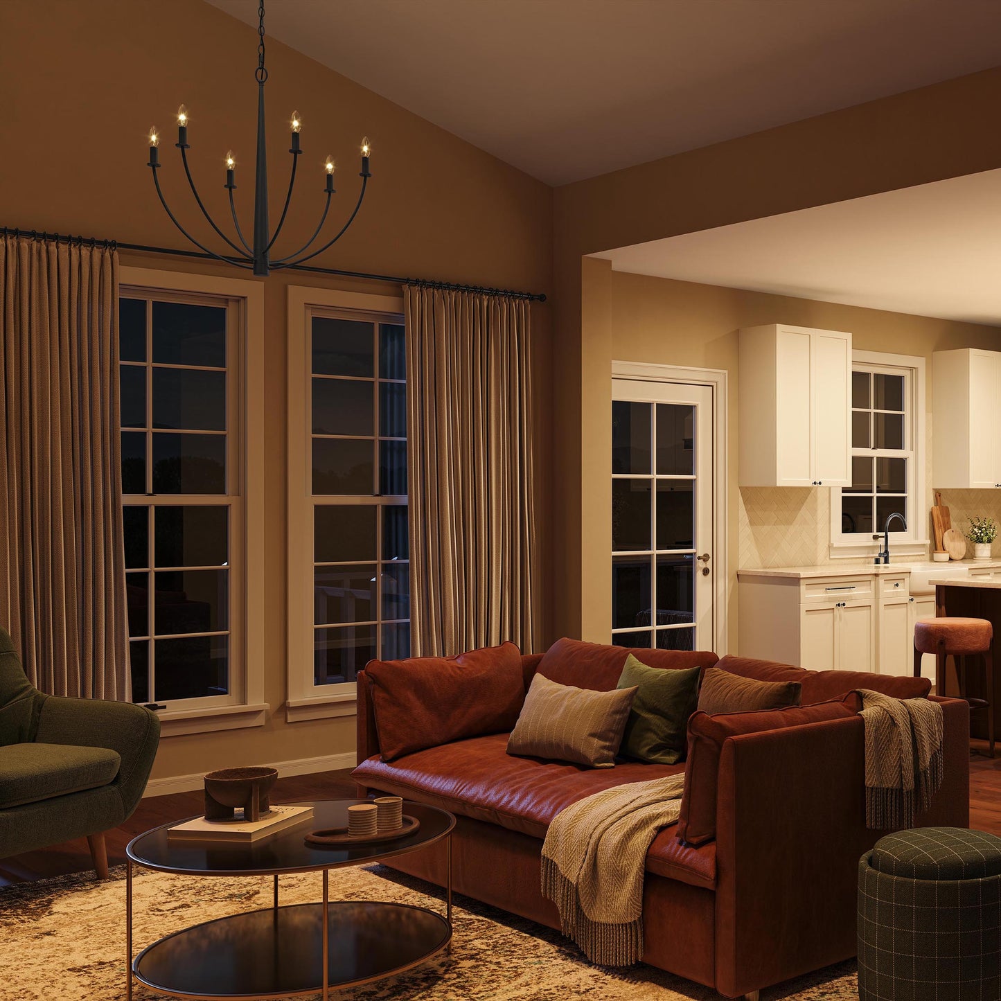 Progress Lighting Jheni Matte Black Chandelier Installed in Living Room - Night View