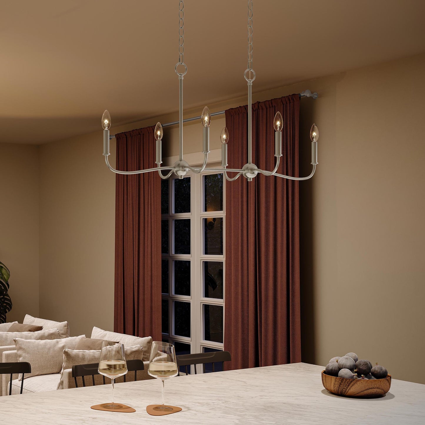 Progress Lighting P400466-009 Ilia 6-Light Brushed Nickel Linear Chandelier Dining Room Night View