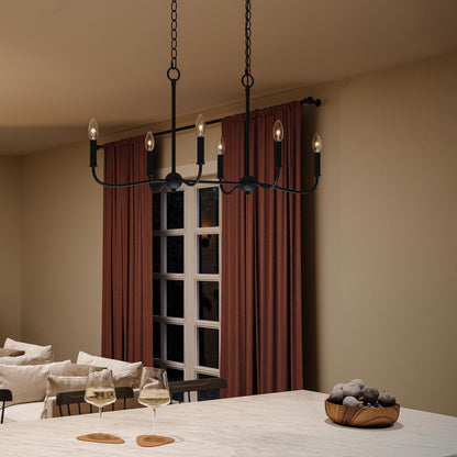 Progress Lighting P400466-31M Ilia Matte Black Linear Chandelier - Dining Room Lifestyle Night View